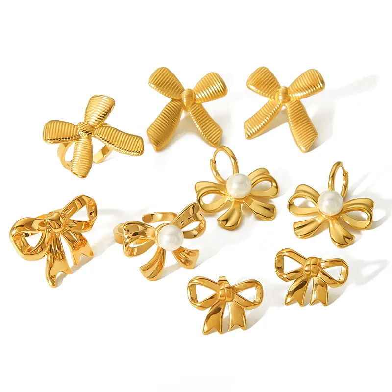 1 Pair Trendy Sweet Style Bow Knot Shape Stainless Steel 18K Gold Plated  Women's Stud Earrings h5 